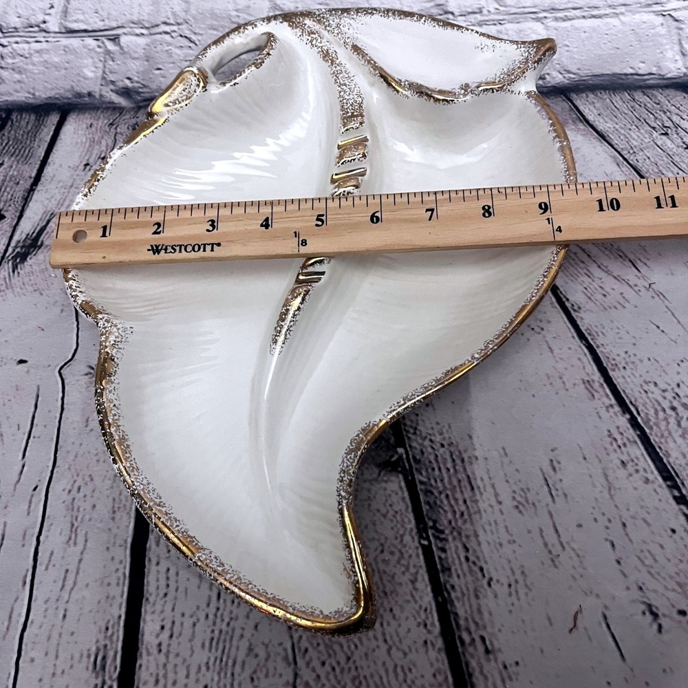 Vintage MCM Maurice of California Pottery Leaf Shaped Ashtray Gold Trim White - Picture 3 of 6